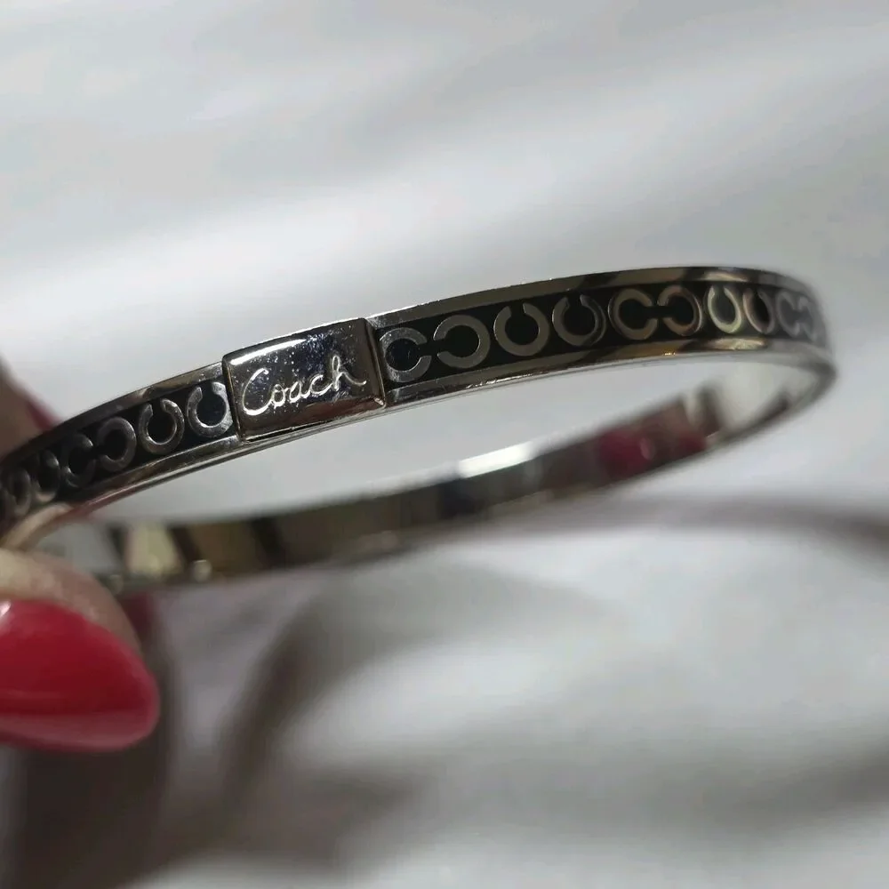 Coach Signature Logo Black Silver Rhinestone Bangle Bracelet Signed